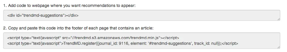 Screenshot of TrendMD embed code configuration in the dashboard