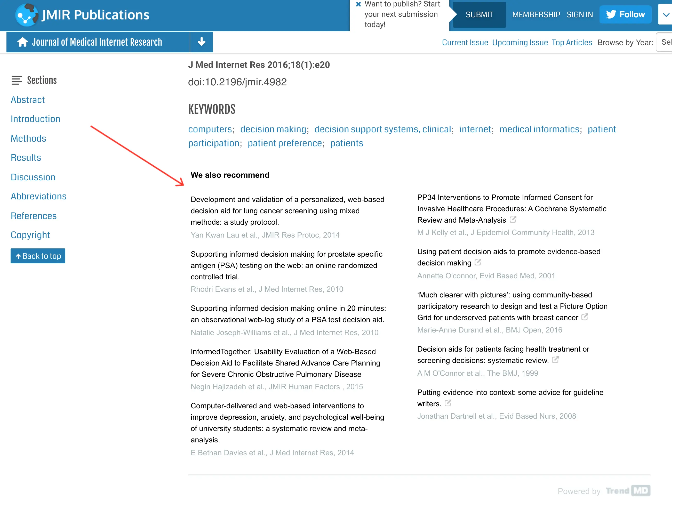 Graph showing the difference in clickthrough rates between PubMed's similar article algorithm and TrendMD's collaborative filtering, highlighting a 272% increase in CTR with TrendMD.