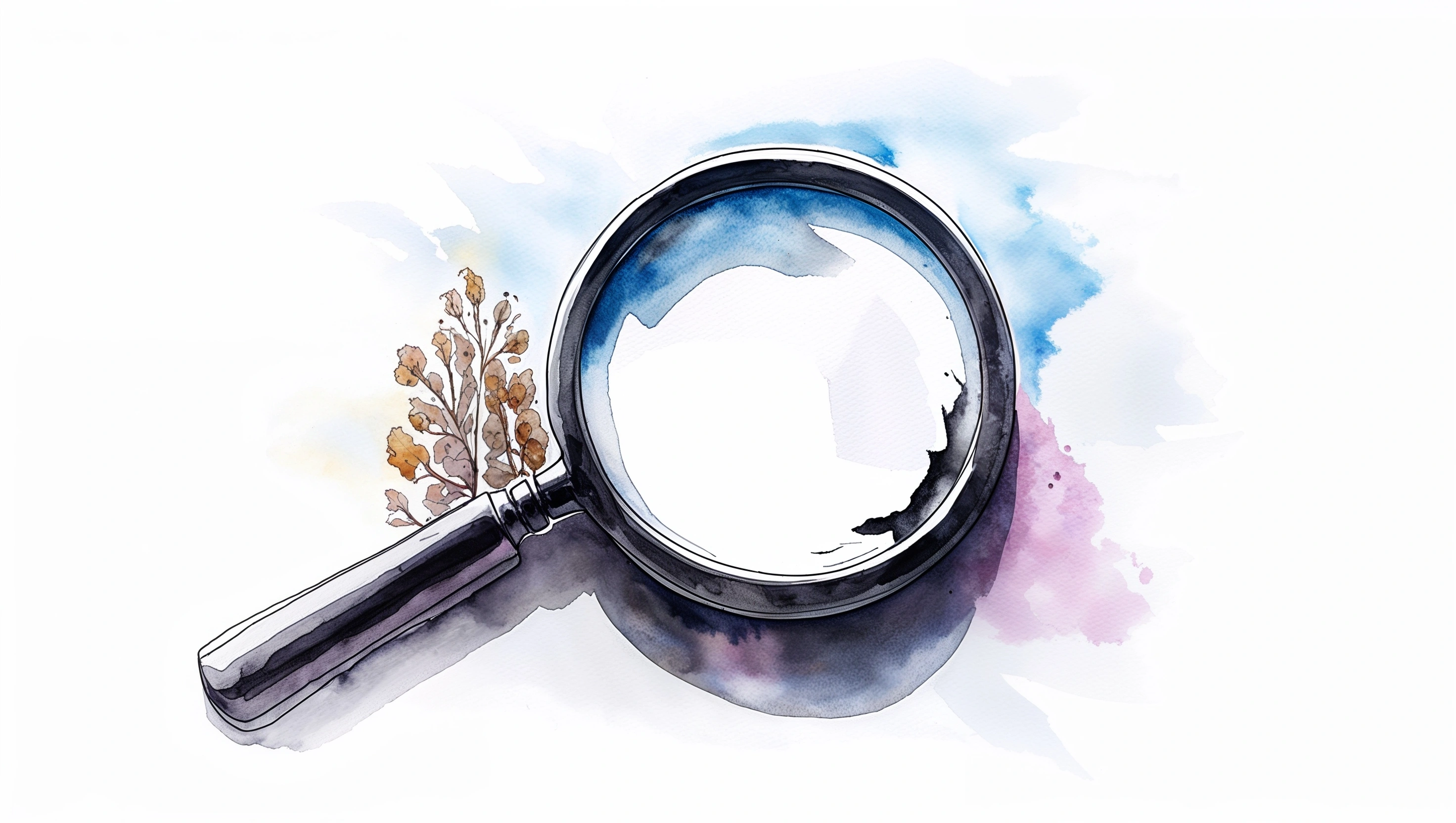 Watercolor illustration of a magnifying glass over text